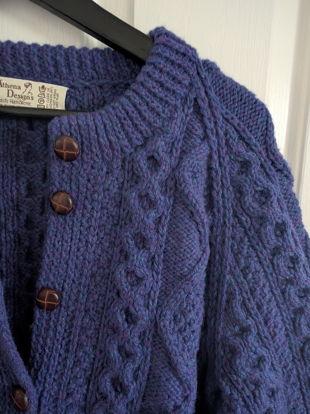Athena Designs Irish Fisherman Sweater Deep Purple/Blue Cable Knit Pure Wool M - Picture 3 of 8